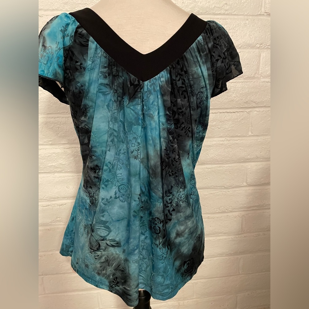 Cato Teal and Black Floral Short Sleeve V-neck Blouse, sz L